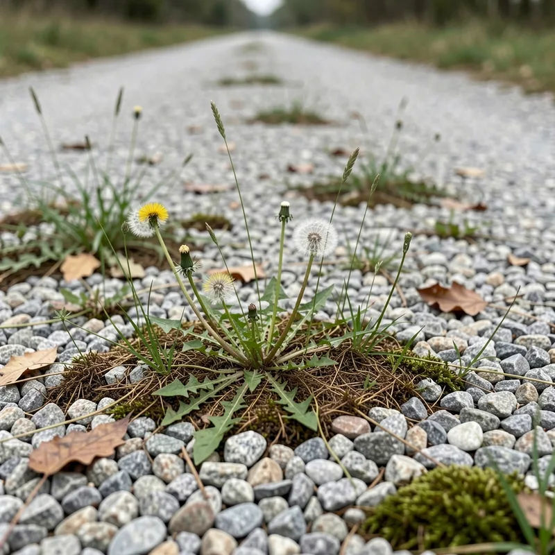 Allée de jardin en gravier clair envahie de pousses vertes entre les cailloux, vue rapprochée au niveau du sol