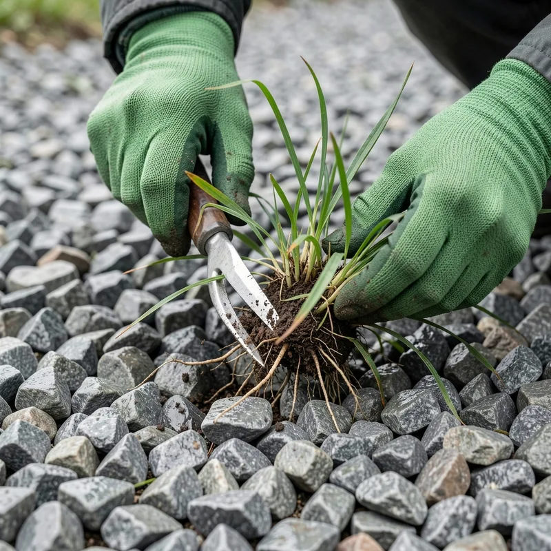 Mains gantées arrachant une touffe d’herbe entre des graviers gris avec un couteau désherbeur à lame crochet