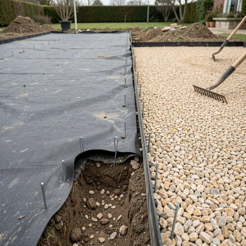 Chantier d’allée avec géotextile déroulé sur le fond de forme, bordure enterrée et gravier concassé en cours d’étalement