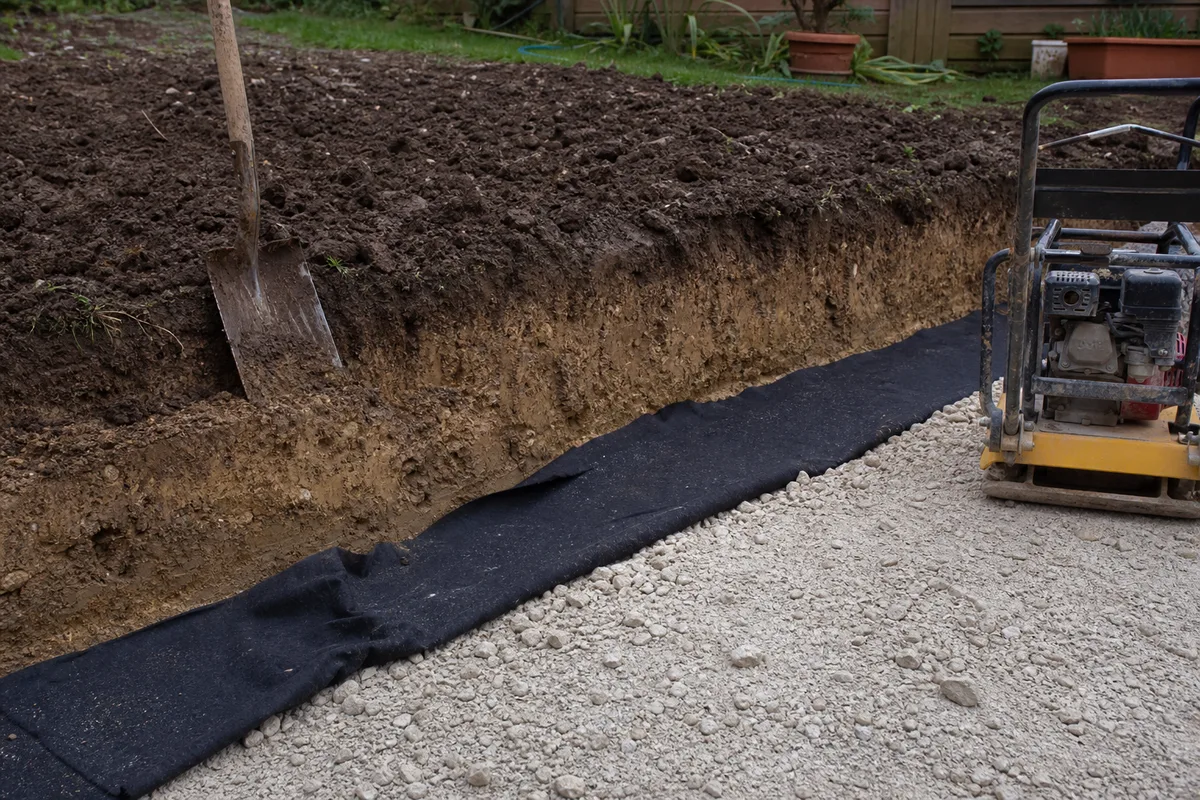 Coupe d&rsquo;une allée de jardin en cours de chantier montrant le décaissement, le géotextile et la couche de grave compactée