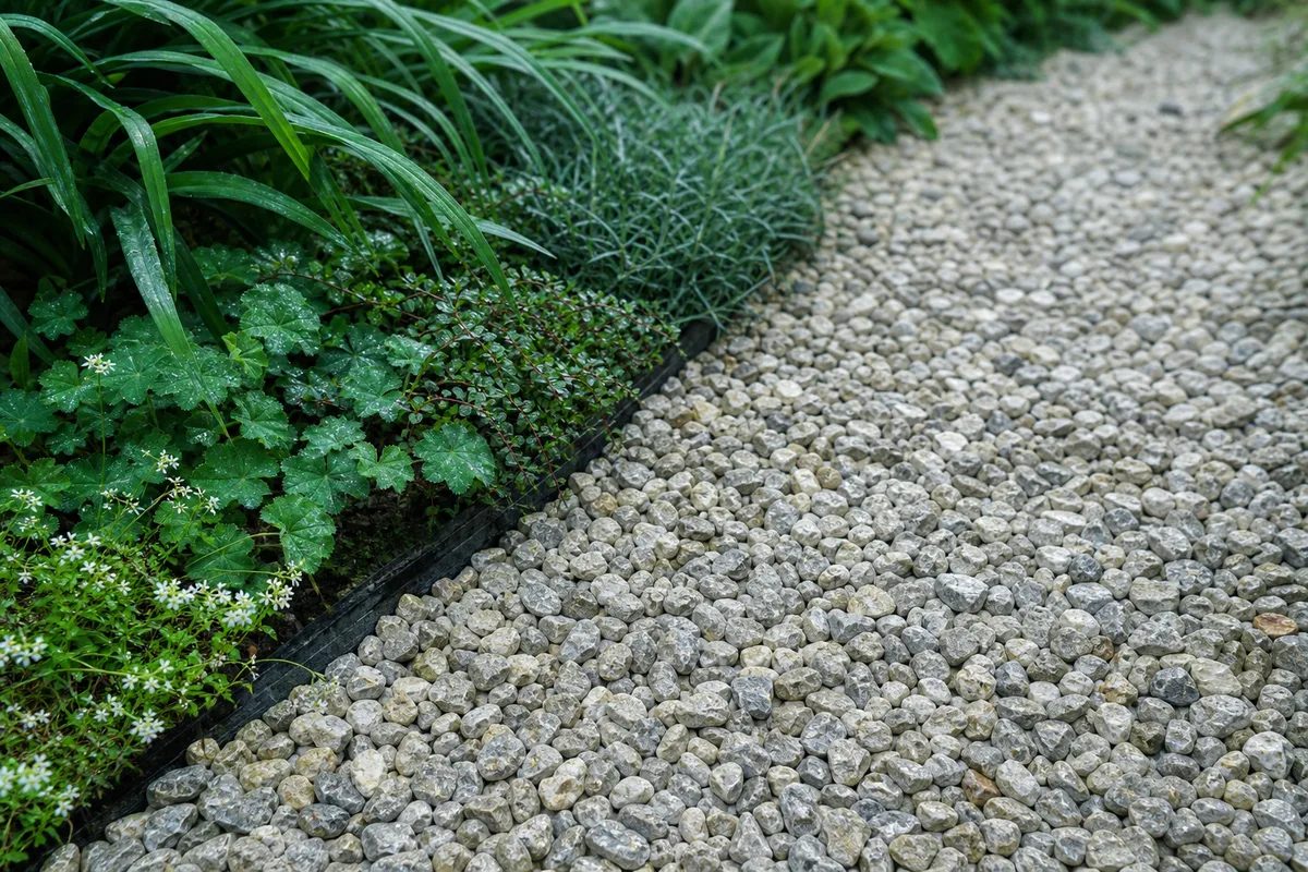 Allée de jardin recouverte de graviers clairs bordée de végétation, lumière naturelle du matin
