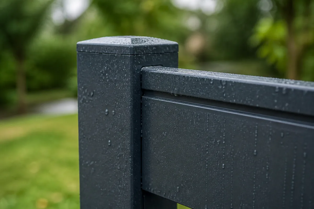 Détail d’un poteau et d’une lame de clôture aluminium thermolaquée, gouttes de pluie sur la surface laquée