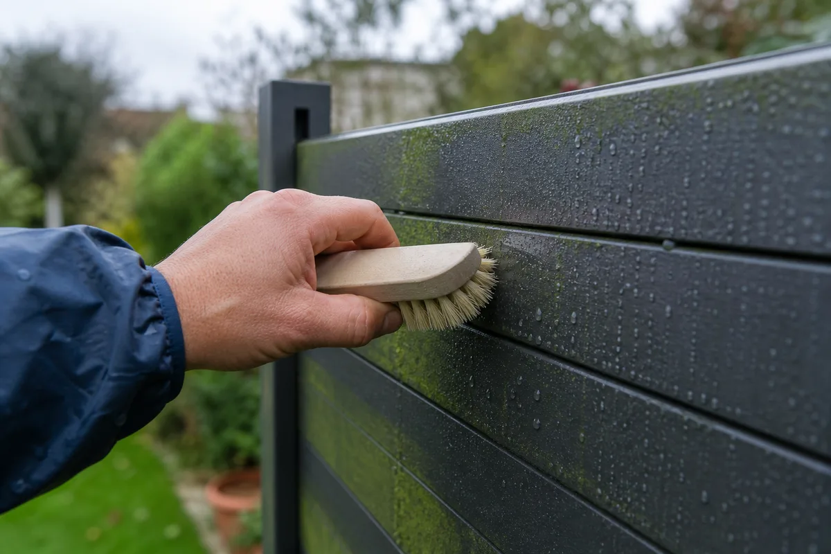 Brossage manuel d&rsquo;une clôture composite pour retirer la mousse accumulée par l&rsquo;humidité