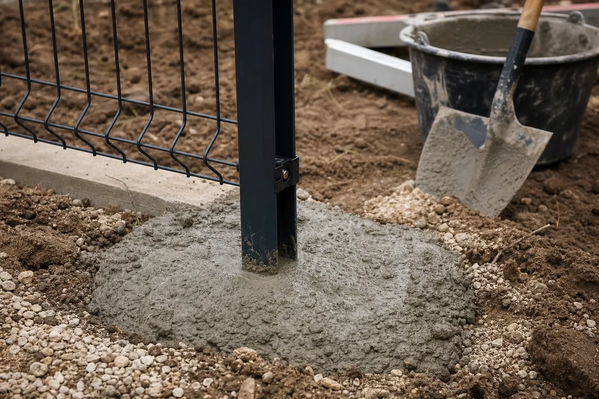 Détail d&rsquo;un poteau de clôture rigide scellé en bordure de jardin