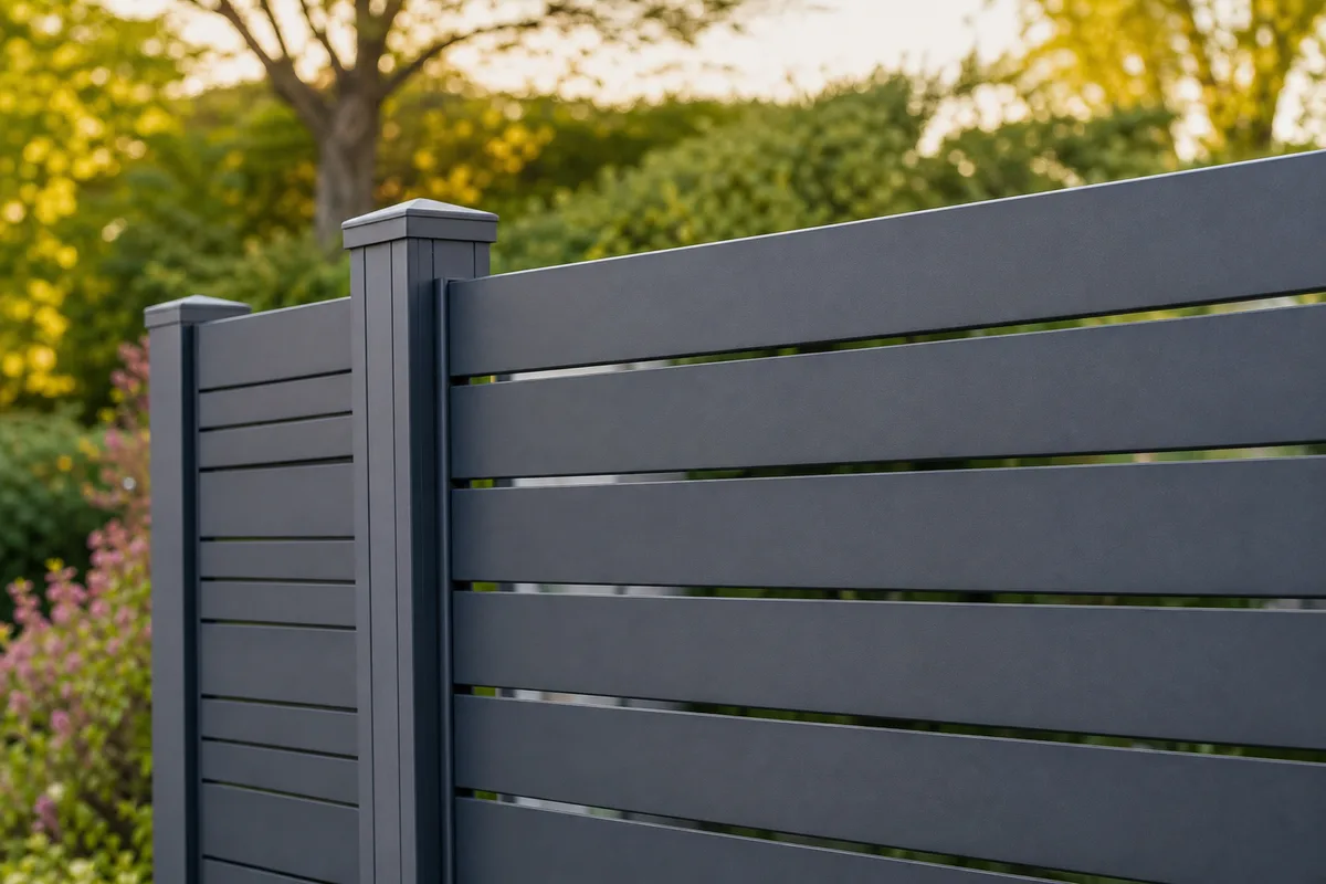 Clôture aluminium à lames grises bordant un jardin verdoyant sous lumière douce