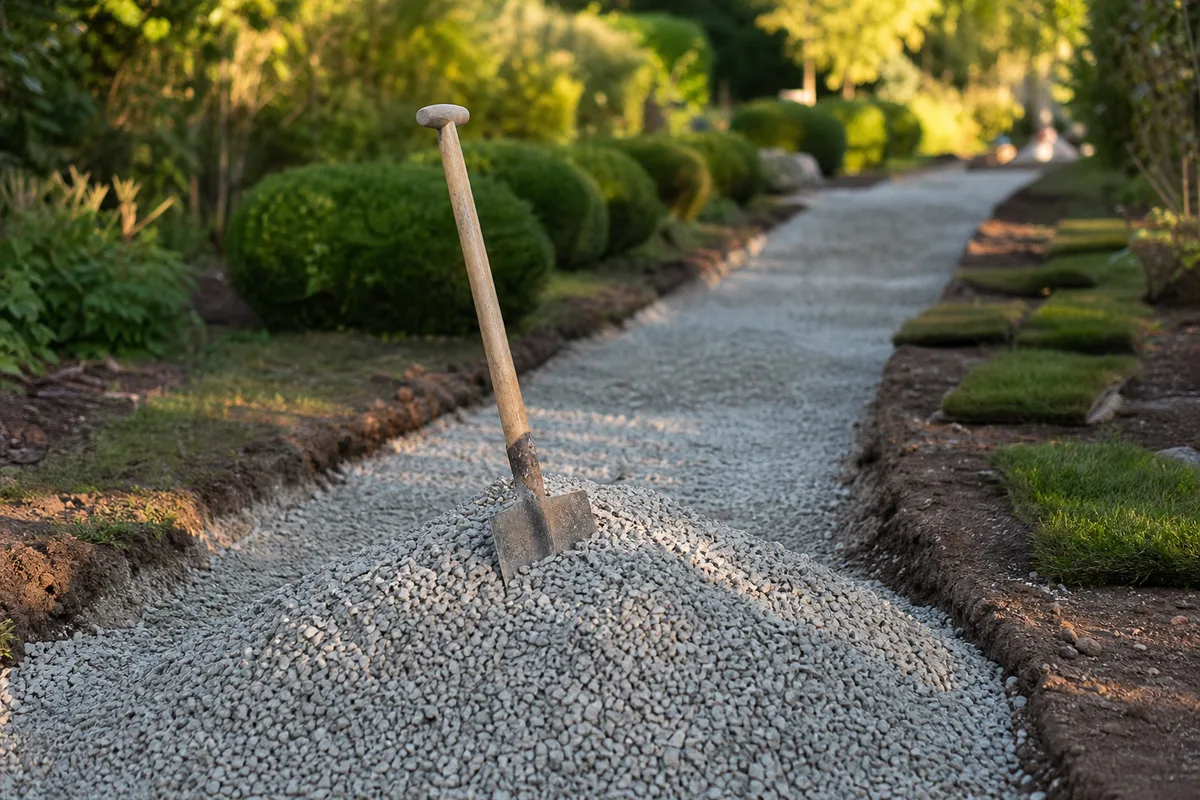 Tas de gravier gris clair déversé sur une allée de jardin en cours d&rsquo;aménagement, lumière naturelle du matin