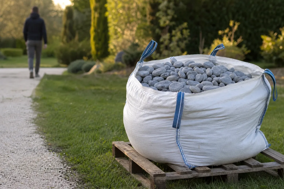 Big-bag de galets gris posé sur une palette dans un jardin, silhouette de dos en arrière-plan