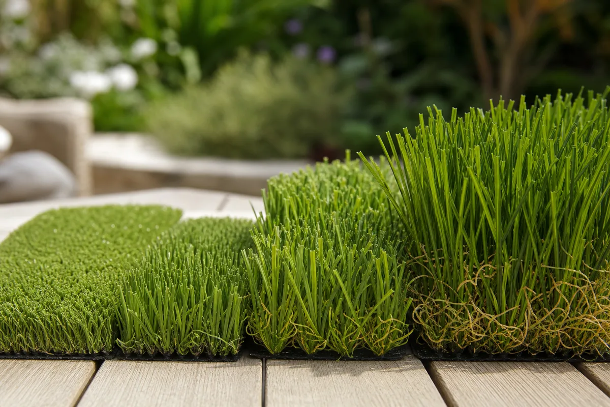 Gros plan sur des brins de gazon synthétique vert de différentes hauteurs posés côte à côte dans un jardin, lumière naturelle