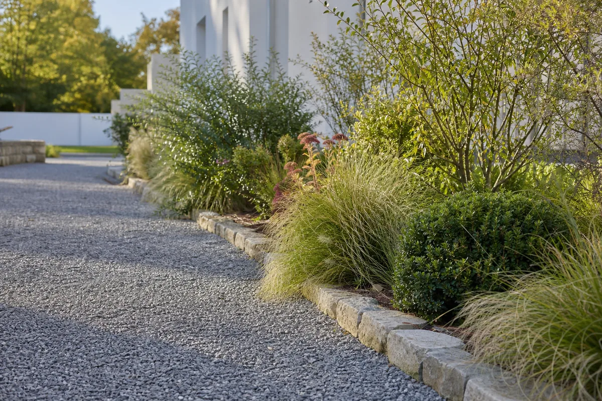 Allée de jardin recouverte de gravier décoratif gris avec bordure en pierre naturelle, lumière du matin
