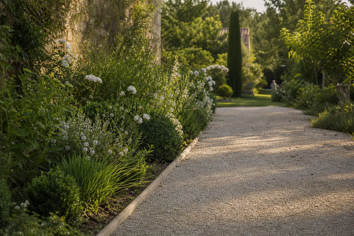 Allée de jardin recouverte de gravier concassé clair, bordée d&rsquo;un parterre végétal, lumière du matin