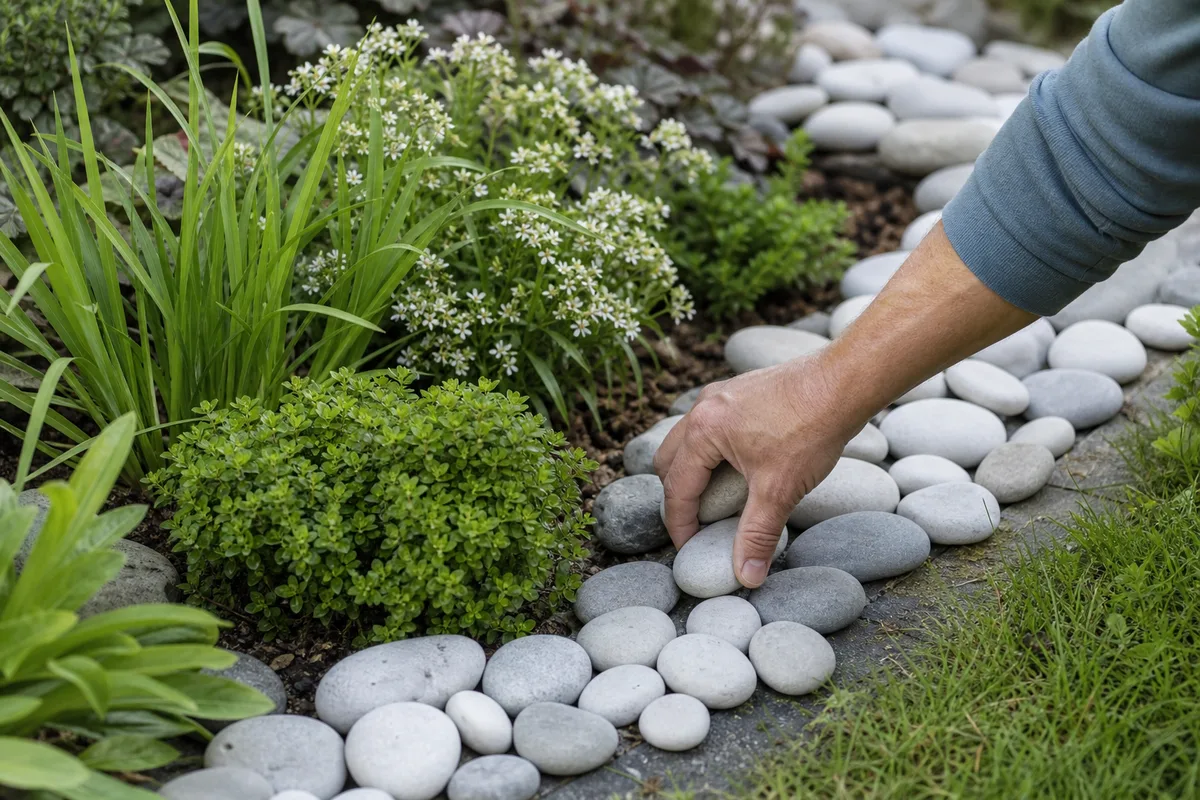 Galets blancs et gris disposés en bordure d&rsquo;un massif végétal, main déposant délicatement les galets, ambiance de jardin
