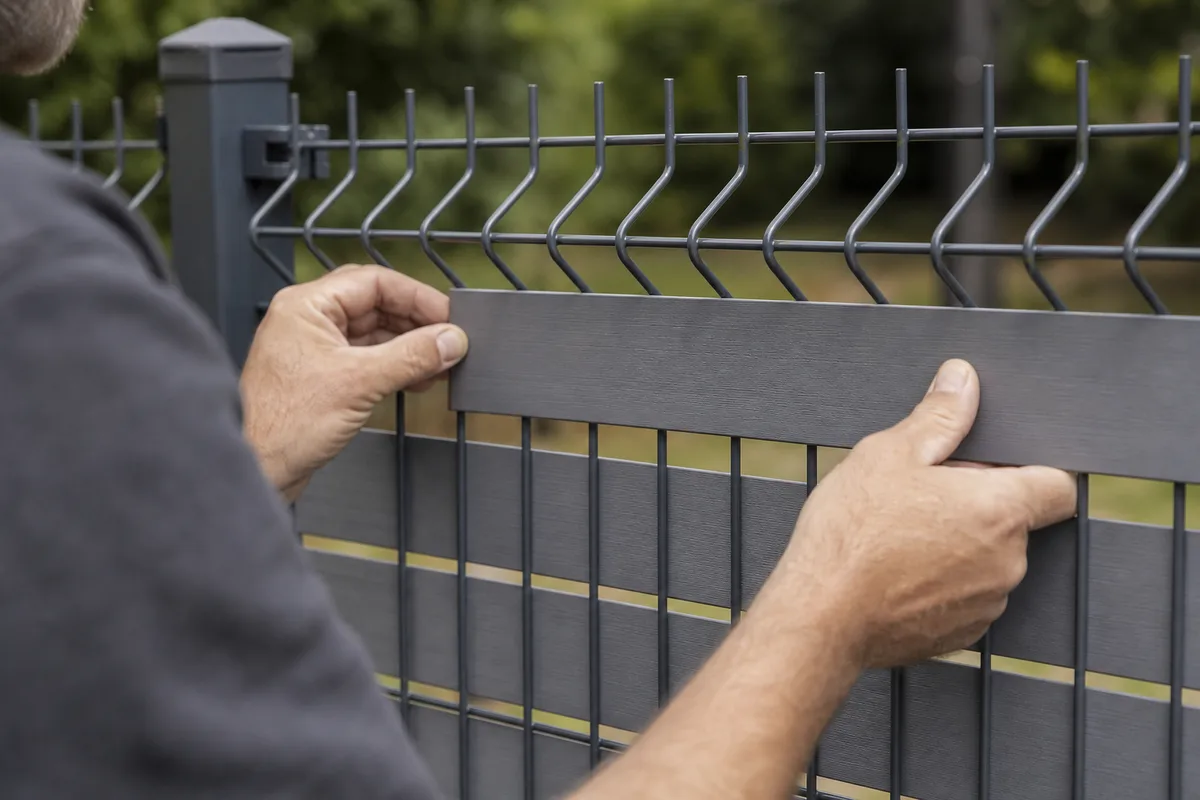 Lames PVC grises glissées dans un grillage rigide en bordure de jardin