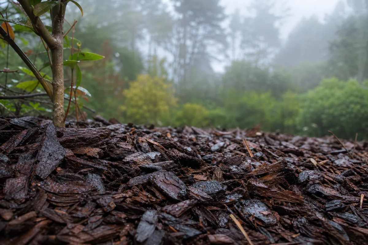 Sol de jardin humide recouvert d&rsquo;un paillage organique sombre, gouttes de pluie sur les écorces, ambiance nuageuse