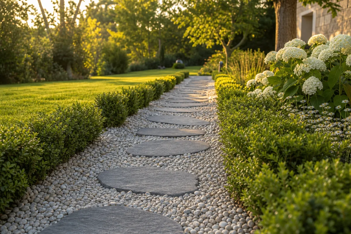 Allée de jardin bordée d’un paillage minéral en galets clairs