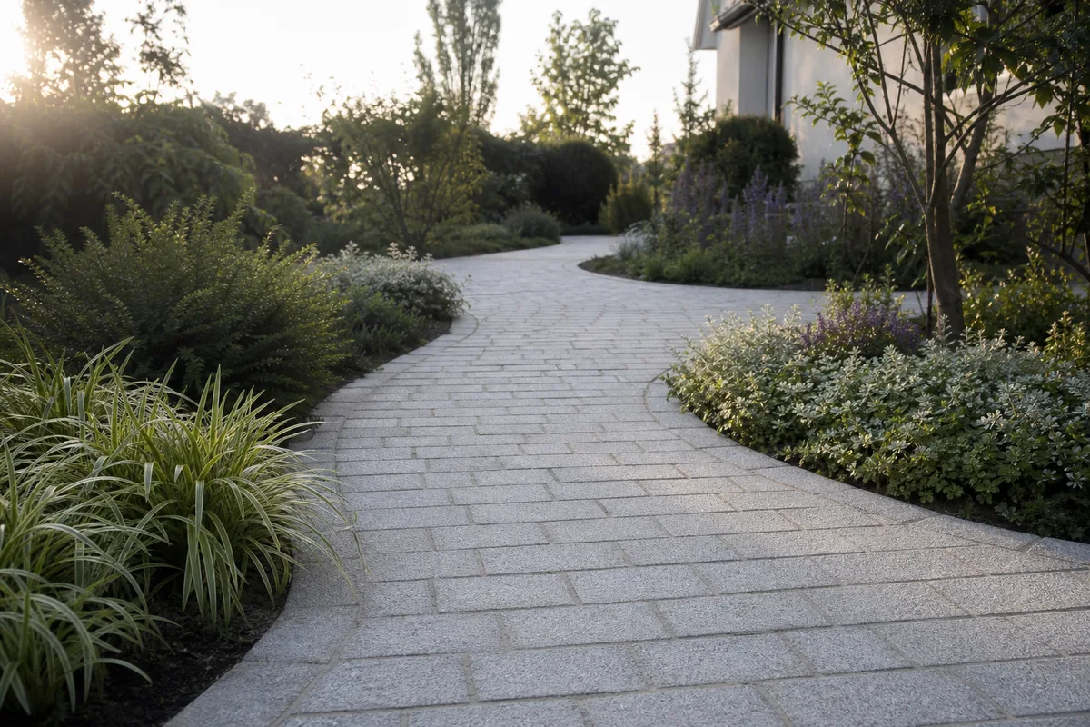 Allée de jardin en pavés de granit gris clair posés sur lit de sable, bordée de végétation basse, lumière du matin