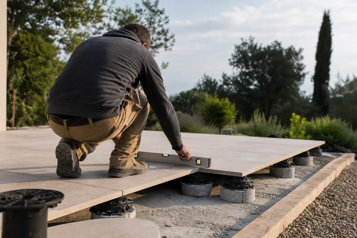 Pose de dalles de terrasse sur plots réglables en béton, silhouette de dos ajustant le niveau, lumière de fin d’après-midi