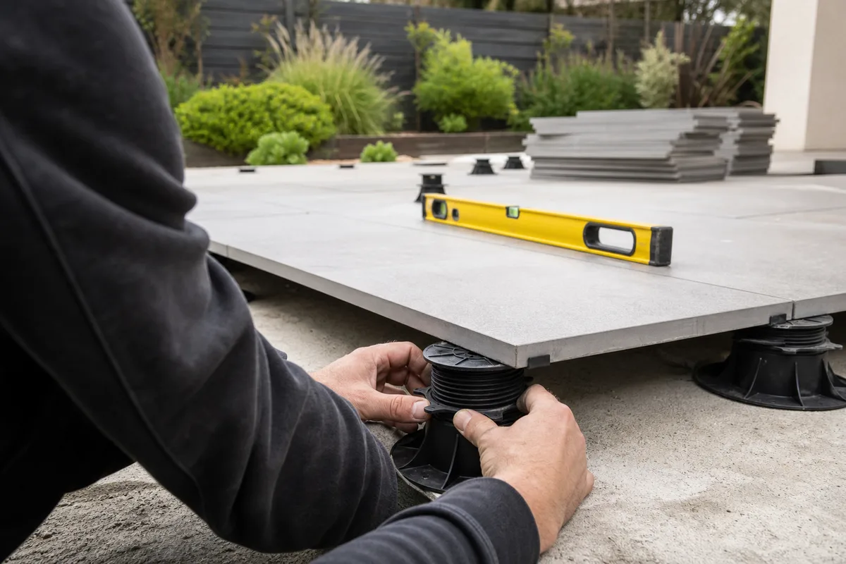 Terrasse extérieure sur plots réglables avec dalles de grès cérame en cours de pose